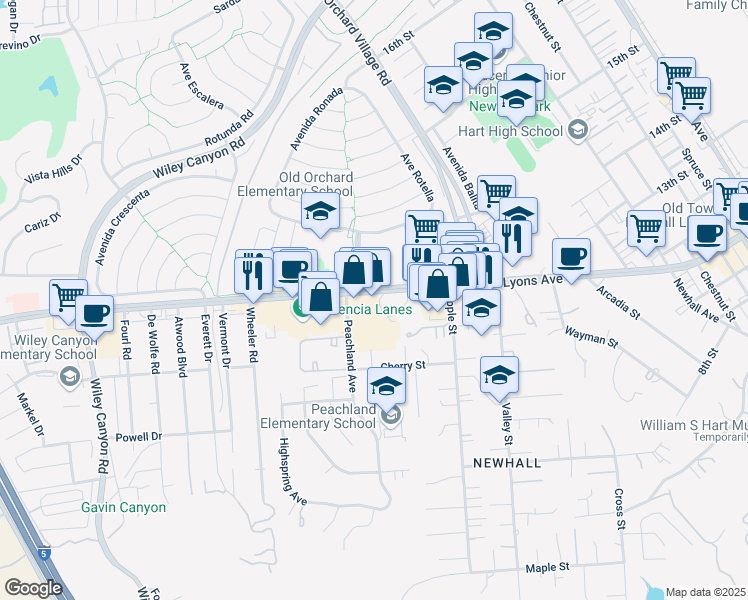 map of restaurants, bars, coffee shops, grocery stores, and more near 24839 Apple Street in Santa Clarita