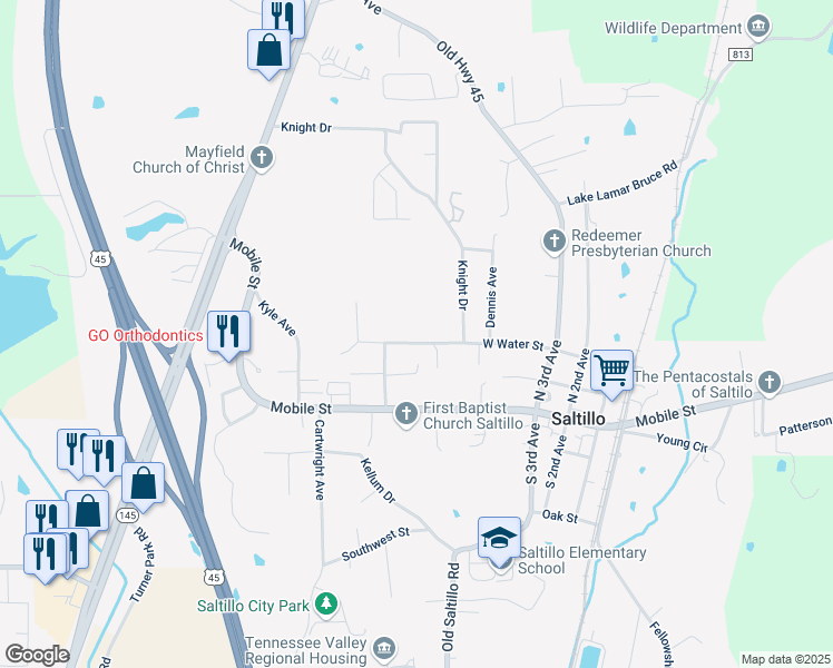 map of restaurants, bars, coffee shops, grocery stores, and more near 125-153 West Water Street in Saltillo