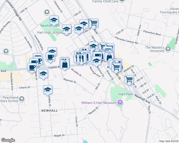 map of restaurants, bars, coffee shops, grocery stores, and more near 24411 Newhall Avenue in Santa Clarita