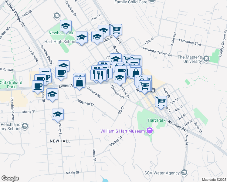 map of restaurants, bars, coffee shops, grocery stores, and more near 24364 Arcadia Street in Santa Clarita