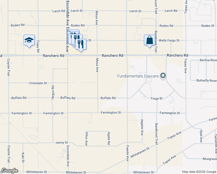 map of restaurants, bars, coffee shops, grocery stores, and more near Cromdale Street in Hesperia