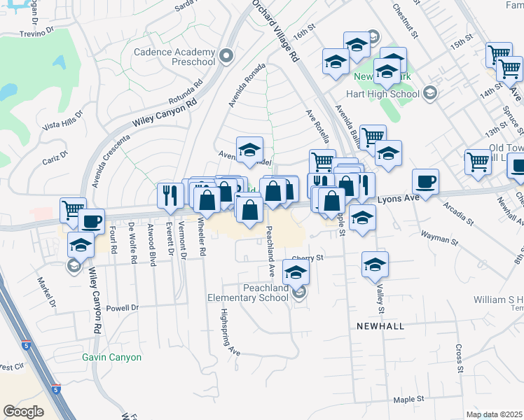 map of restaurants, bars, coffee shops, grocery stores, and more near in Santa Clarita