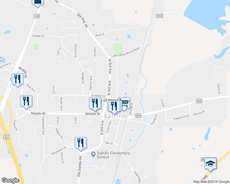 map of restaurants, bars, coffee shops, grocery stores, and more near 157 North 2nd Avenue in Saltillo