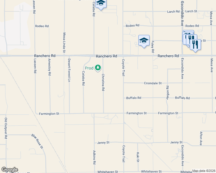 map of restaurants, bars, coffee shops, grocery stores, and more near 7140 Christina Road in Hesperia