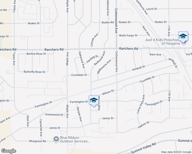 map of restaurants, bars, coffee shops, grocery stores, and more near 14734 Melbourne Avenue in Hesperia