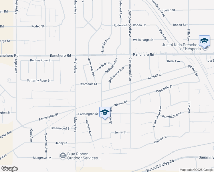 map of restaurants, bars, coffee shops, grocery stores, and more near 14734 Melbourne Avenue in Hesperia