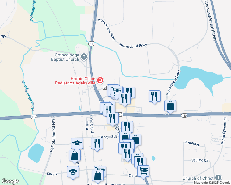 map of restaurants, bars, coffee shops, grocery stores, and more near 123 Lauren Street in Adairsville