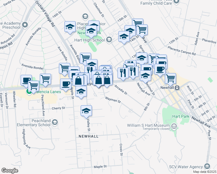map of restaurants, bars, coffee shops, grocery stores, and more near 23125 Lyons Avenue in Santa Clarita