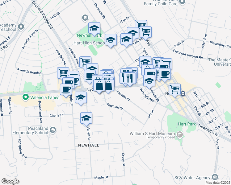 map of restaurants, bars, coffee shops, grocery stores, and more near 24535 Arcadia Street in Santa Clarita