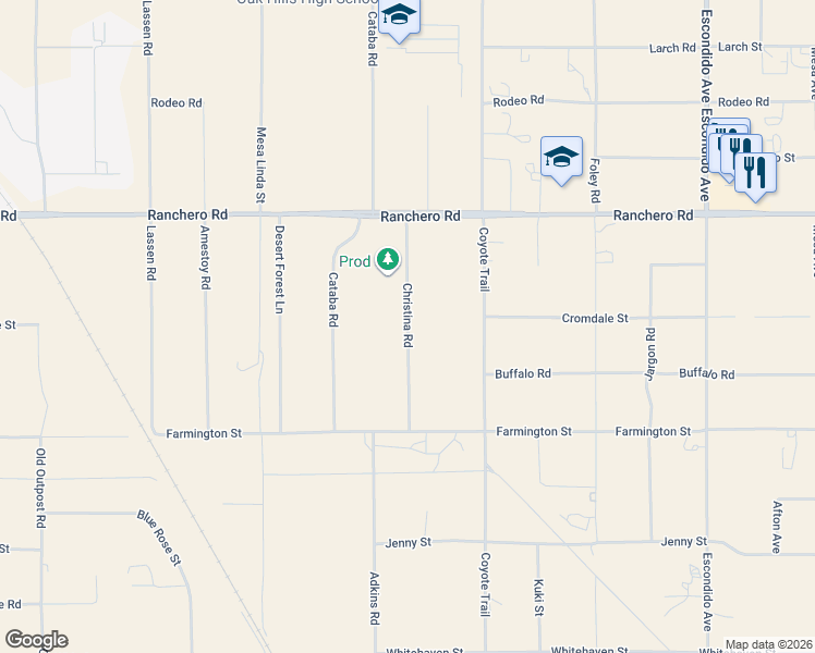 map of restaurants, bars, coffee shops, grocery stores, and more near Christina Road in Oak Hills