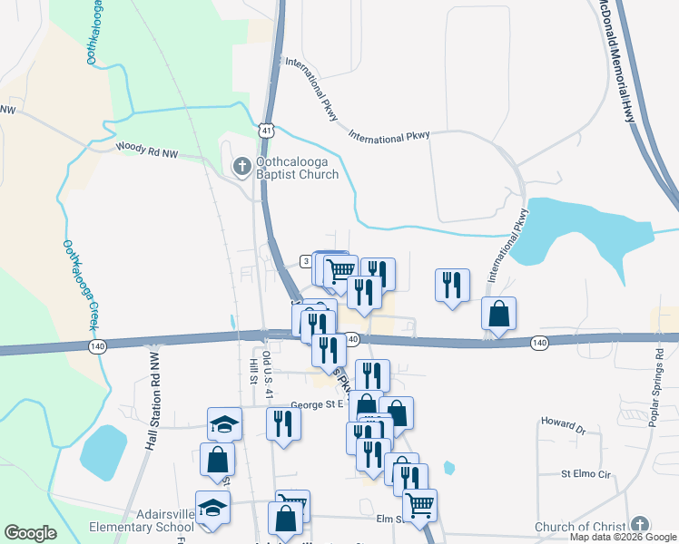 map of restaurants, bars, coffee shops, grocery stores, and more near 111 Madison Place in Adairsville