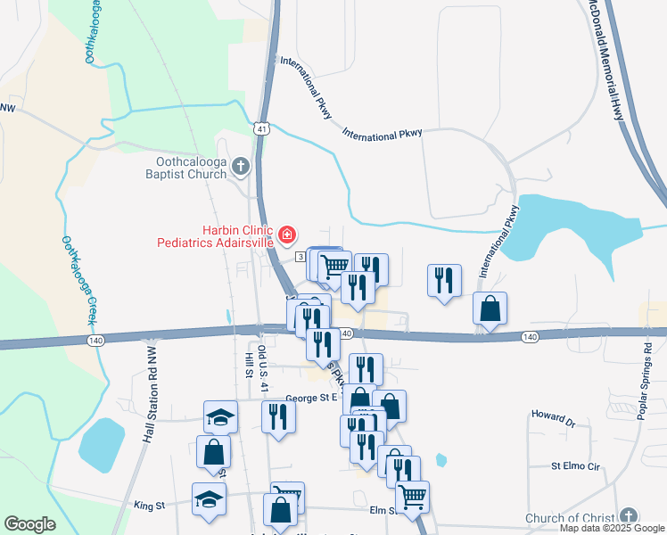 map of restaurants, bars, coffee shops, grocery stores, and more near 111 Madison Place in Adairsville