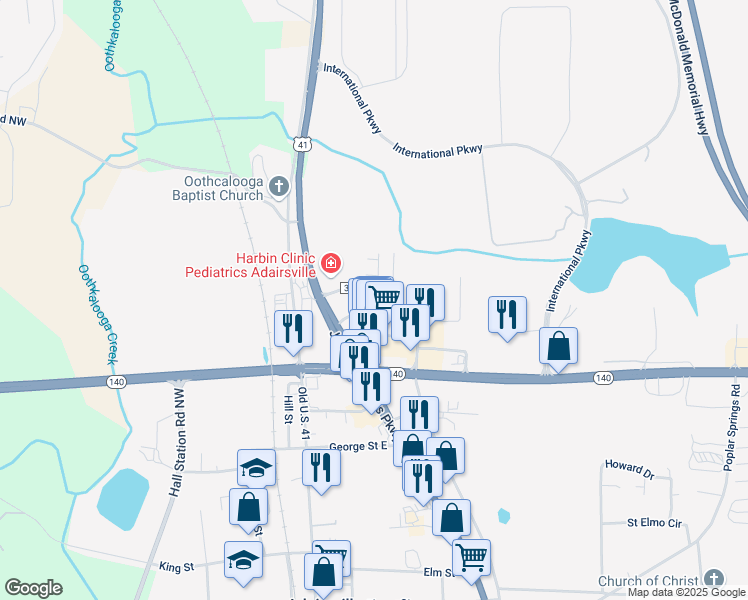 map of restaurants, bars, coffee shops, grocery stores, and more near 123 Lauren Street in Adairsville