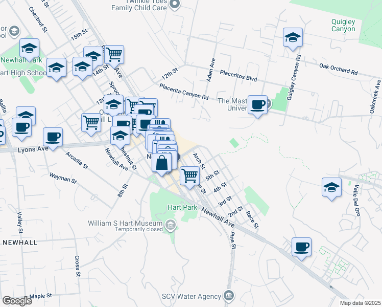 map of restaurants, bars, coffee shops, grocery stores, and more near 24273 Arch Street in Santa Clarita