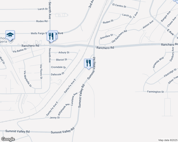 map of restaurants, bars, coffee shops, grocery stores, and more near 7070 Summit Valley Road in Hesperia
