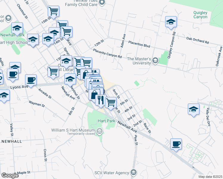 map of restaurants, bars, coffee shops, grocery stores, and more near 24273 Arch Street in Santa Clarita