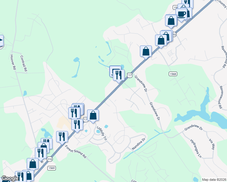 map of restaurants, bars, coffee shops, grocery stores, and more near 15919 U.S. 17 in Hampstead