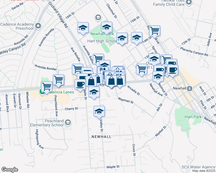 map of restaurants, bars, coffee shops, grocery stores, and more near 23217 Lyons Avenue in Santa Clarita
