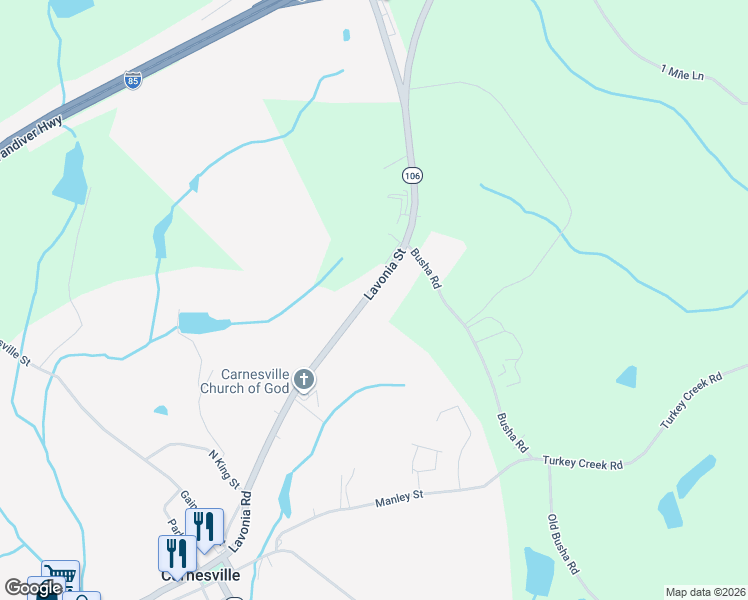 map of restaurants, bars, coffee shops, grocery stores, and more near 10416 Georgia 106 in Carnesville