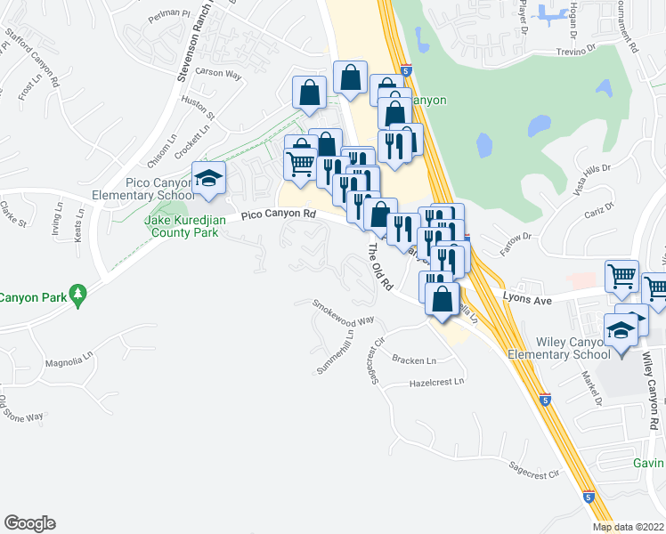 map of restaurants, bars, coffee shops, grocery stores, and more near 25399 The Old Road in Stevenson Ranch