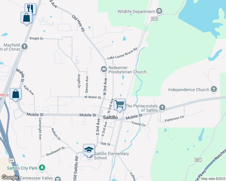 map of restaurants, bars, coffee shops, grocery stores, and more near 157 North 2nd Avenue in Saltillo