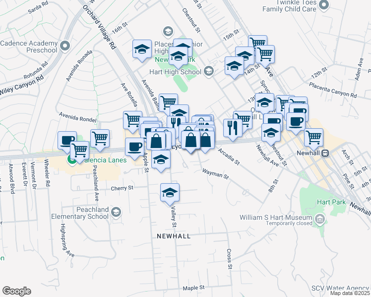 map of restaurants, bars, coffee shops, grocery stores, and more near 23217 Lyons Avenue in Santa Clarita