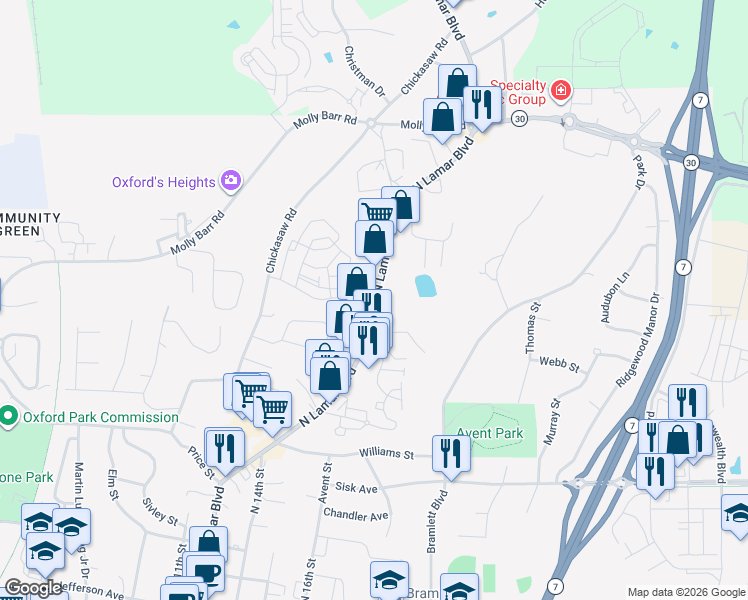 map of restaurants, bars, coffee shops, grocery stores, and more near 1306 N Lamar Blvd in Oxford