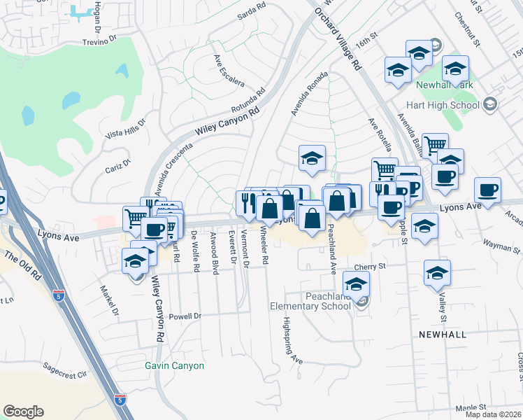 map of restaurants, bars, coffee shops, grocery stores, and more near 25208 Vía Sistine in Santa Clarita