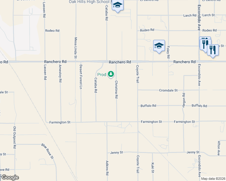 map of restaurants, bars, coffee shops, grocery stores, and more near 7140 Christina Road in Hesperia