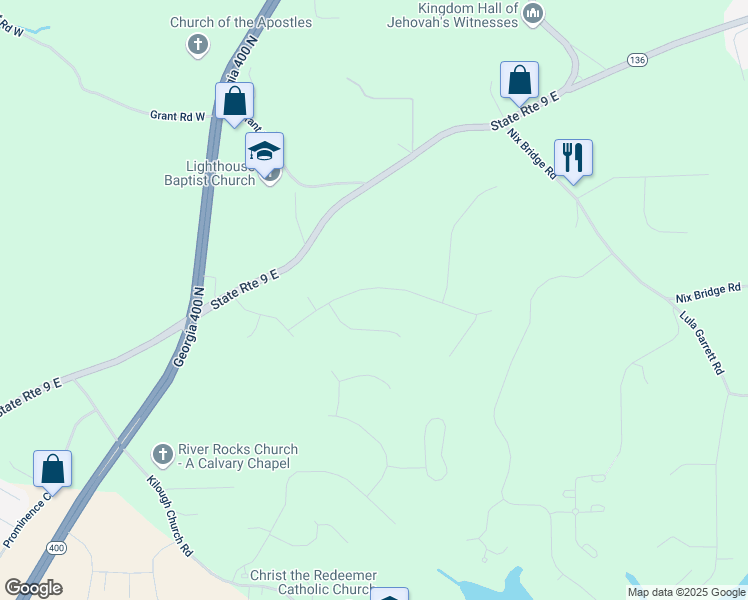map of restaurants, bars, coffee shops, grocery stores, and more near 238 Bay Drive in Dawsonville