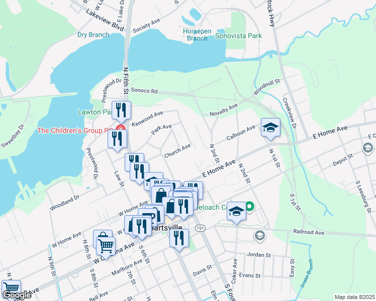 map of restaurants, bars, coffee shops, grocery stores, and more near 307 Church Avenue in Hartsville