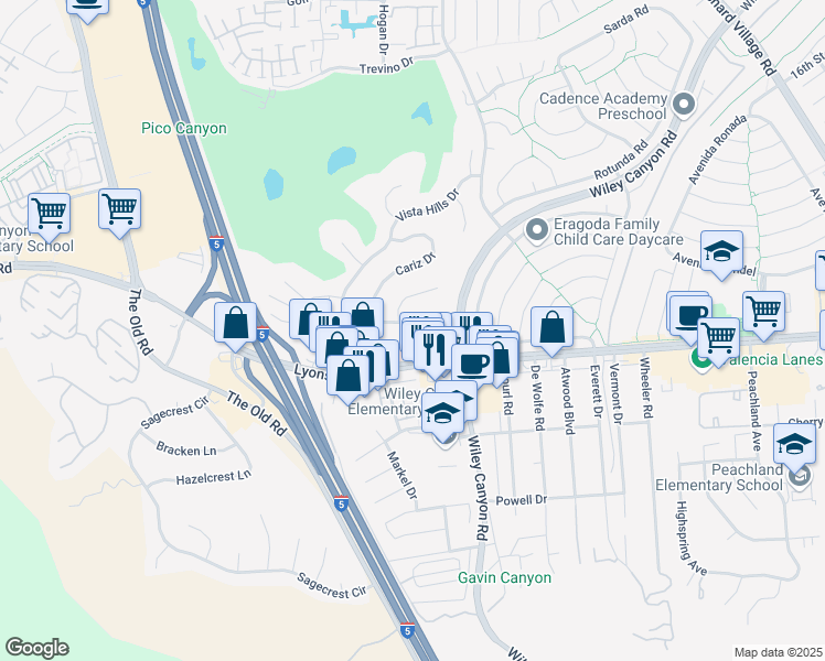 map of restaurants, bars, coffee shops, grocery stores, and more near 24302 Vista Ridge Drive in Santa Clarita