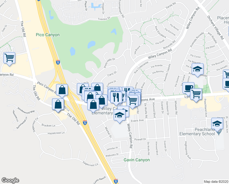 map of restaurants, bars, coffee shops, grocery stores, and more near 24234 Vista Ridge Drive in Santa Clarita