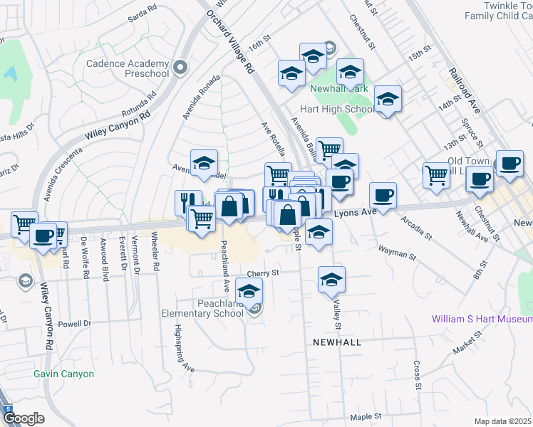 map of restaurants, bars, coffee shops, grocery stores, and more near 23515 Lyons Avenue in Santa Clarita