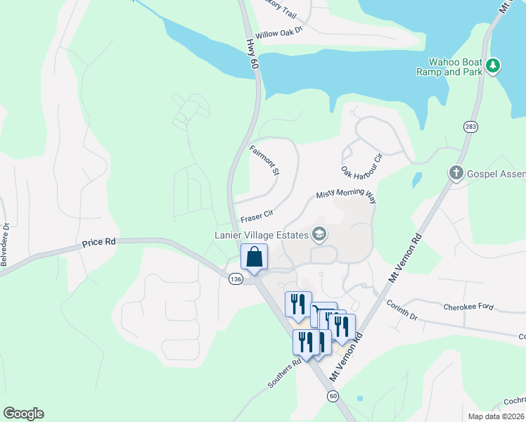 map of restaurants, bars, coffee shops, grocery stores, and more near 3923 Fraser Circle in Gainesville
