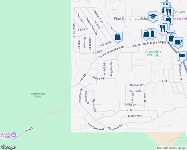 map of restaurants, bars, coffee shops, grocery stores, and more near 6758 Ridge Road in Pine