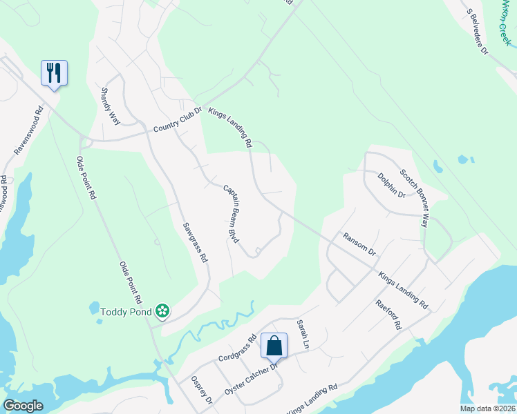 map of restaurants, bars, coffee shops, grocery stores, and more near 242-246 Kings Landing Road in Hampstead