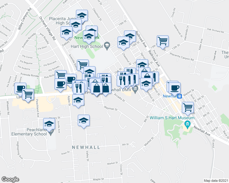 map of restaurants, bars, coffee shops, grocery stores, and more near 24535 Arcadia Street in Santa Clarita