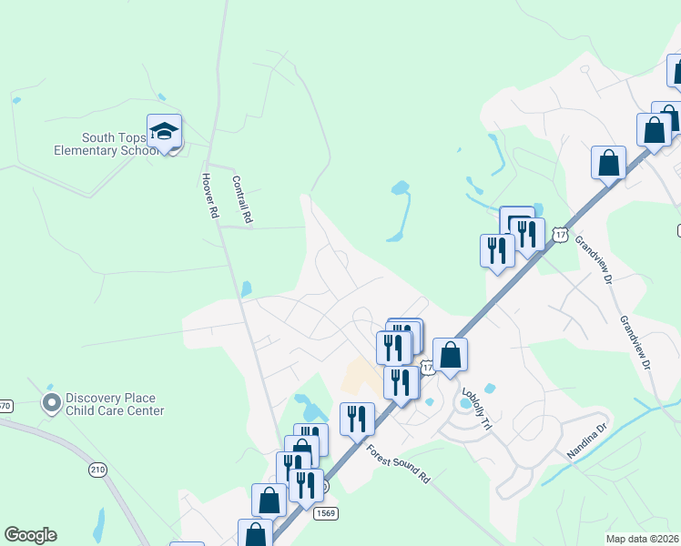 map of restaurants, bars, coffee shops, grocery stores, and more near 112 Kingsport Drive in Hampstead