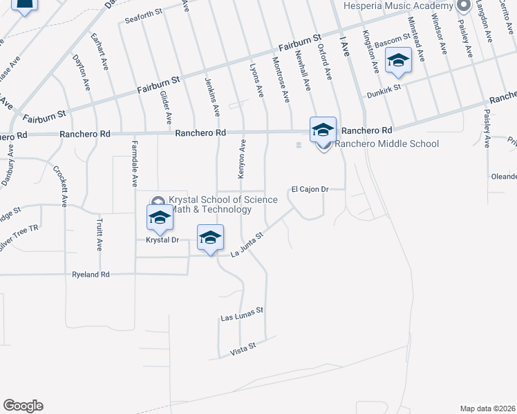 map of restaurants, bars, coffee shops, grocery stores, and more near 7090 Lyons Avenue in Hesperia