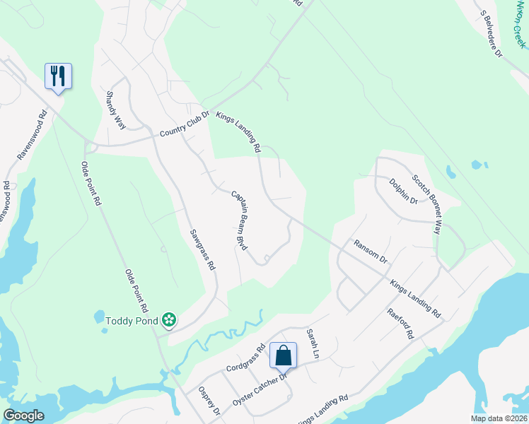 map of restaurants, bars, coffee shops, grocery stores, and more near 242 Kings Landing Road in Hampstead