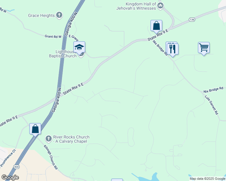 map of restaurants, bars, coffee shops, grocery stores, and more near 238 Bay Drive in Dawsonville