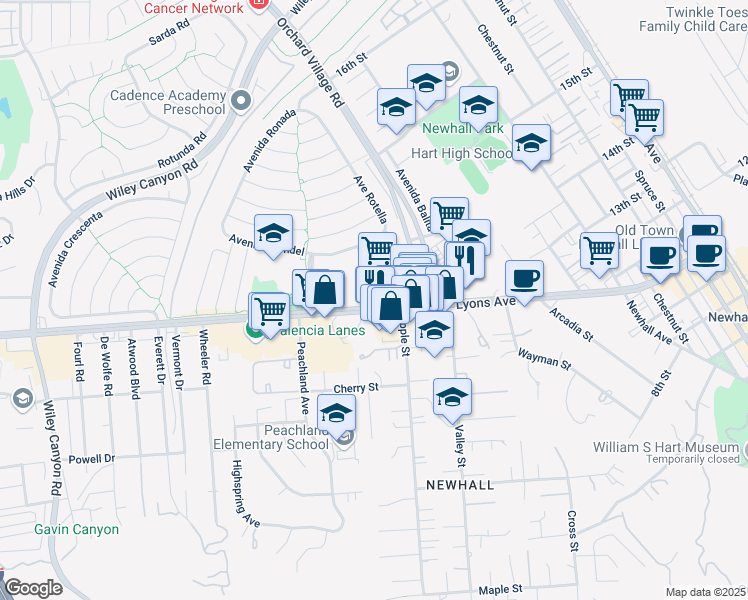 map of restaurants, bars, coffee shops, grocery stores, and more near 23351 Lyons Ave in Santa Clarita