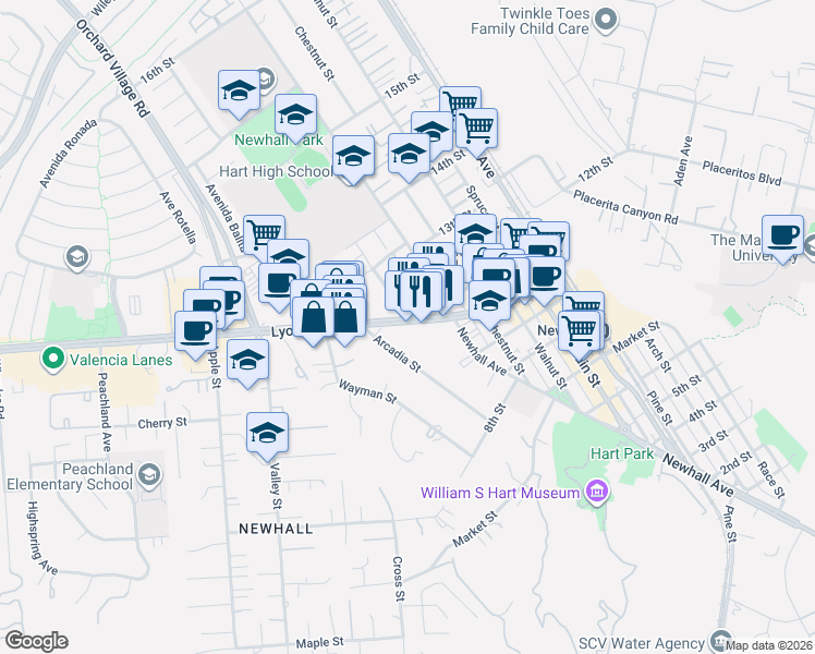 map of restaurants, bars, coffee shops, grocery stores, and more near 22950 Lyons Avenue in Santa Clarita