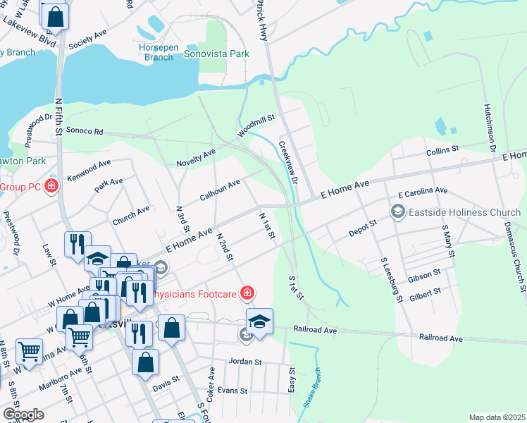 map of restaurants, bars, coffee shops, grocery stores, and more near 601 East Home Avenue in Hartsville