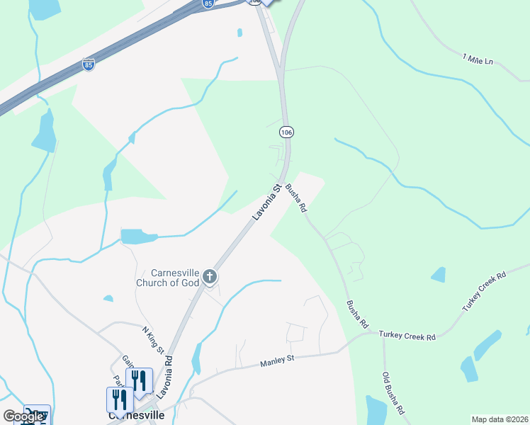 map of restaurants, bars, coffee shops, grocery stores, and more near 10416 Georgia 106 in Carnesville