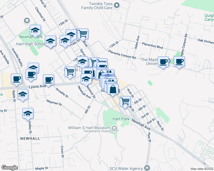 map of restaurants, bars, coffee shops, grocery stores, and more near 24346 Main Street in Santa Clarita