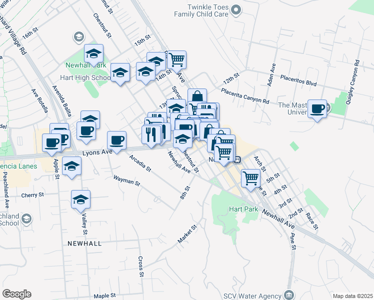 map of restaurants, bars, coffee shops, grocery stores, and more near 24422 Chestnut Street in Santa Clarita