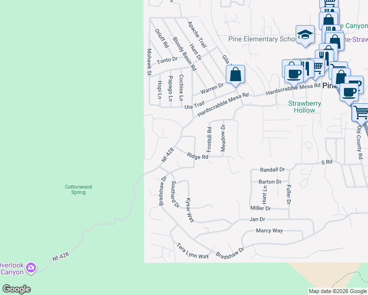 map of restaurants, bars, coffee shops, grocery stores, and more near 6758 Ridge Road in Pine
