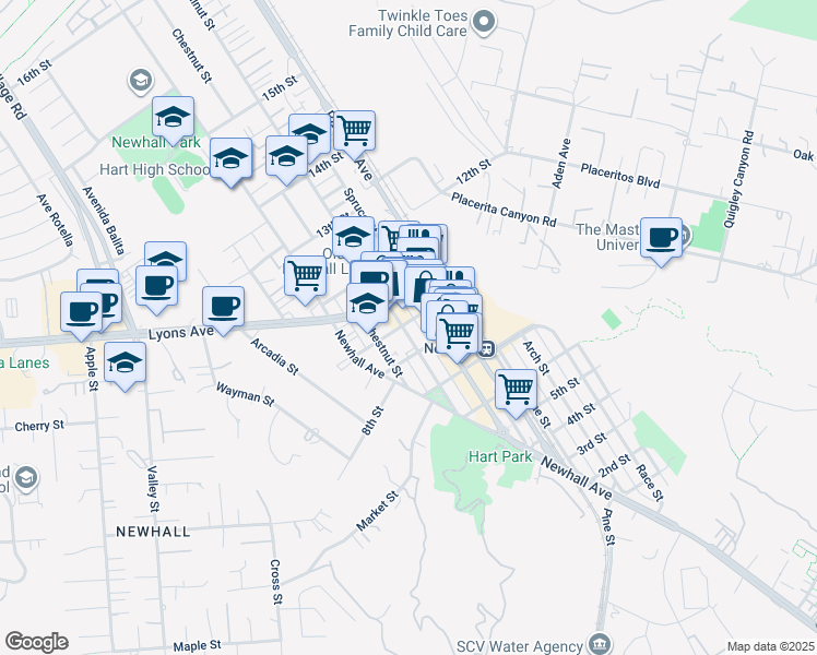 map of restaurants, bars, coffee shops, grocery stores, and more near 24372 Walnut Street in Santa Clarita
